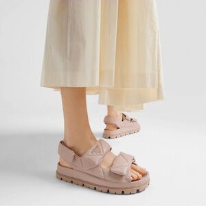 PRADA Padded Nappa Leather Sandals Quilted Velcro Dad Sandals Size 37.5 Beige